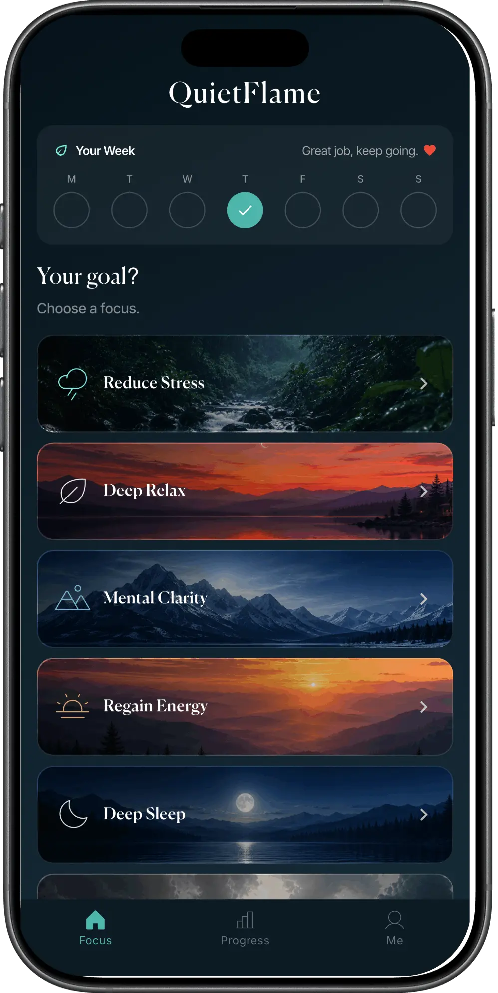 QuietFlame app showing Relax, Sleep, Angry, and Focus goals
