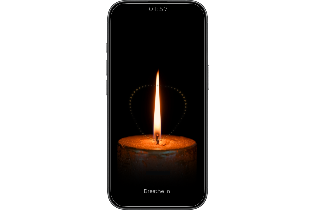 QuietFlame breathing session showing a slow, gentle flame for anxious evenings