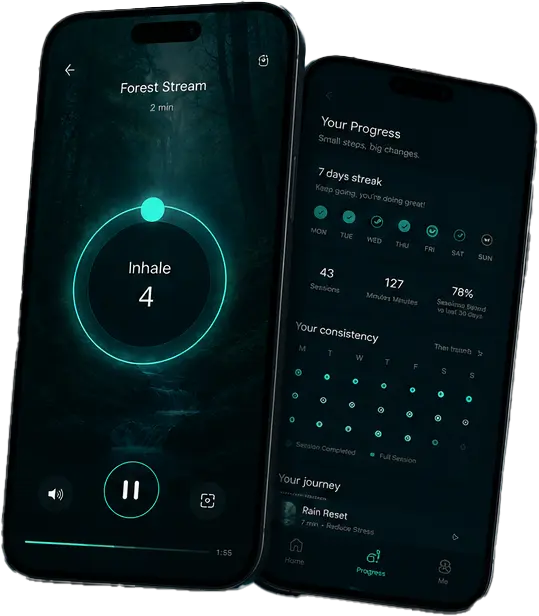 QuietFlame app showing a breathing session and progress dashboard
